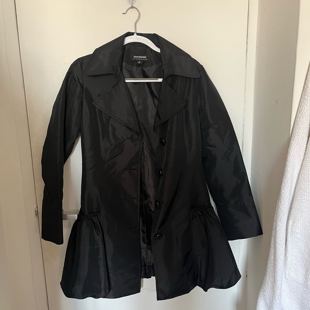 BLACK TRENCH COAT WITH BELL BOTTOM FLARE